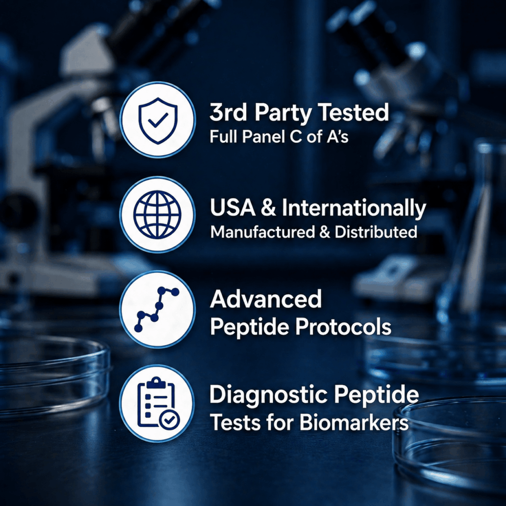 Ageless Clinical quality: 3rd-party tested (full panel C of A), USA and internationally manufactured and distributed, advanced peptide protocols, and diagnostic peptide tests for biomarkers
